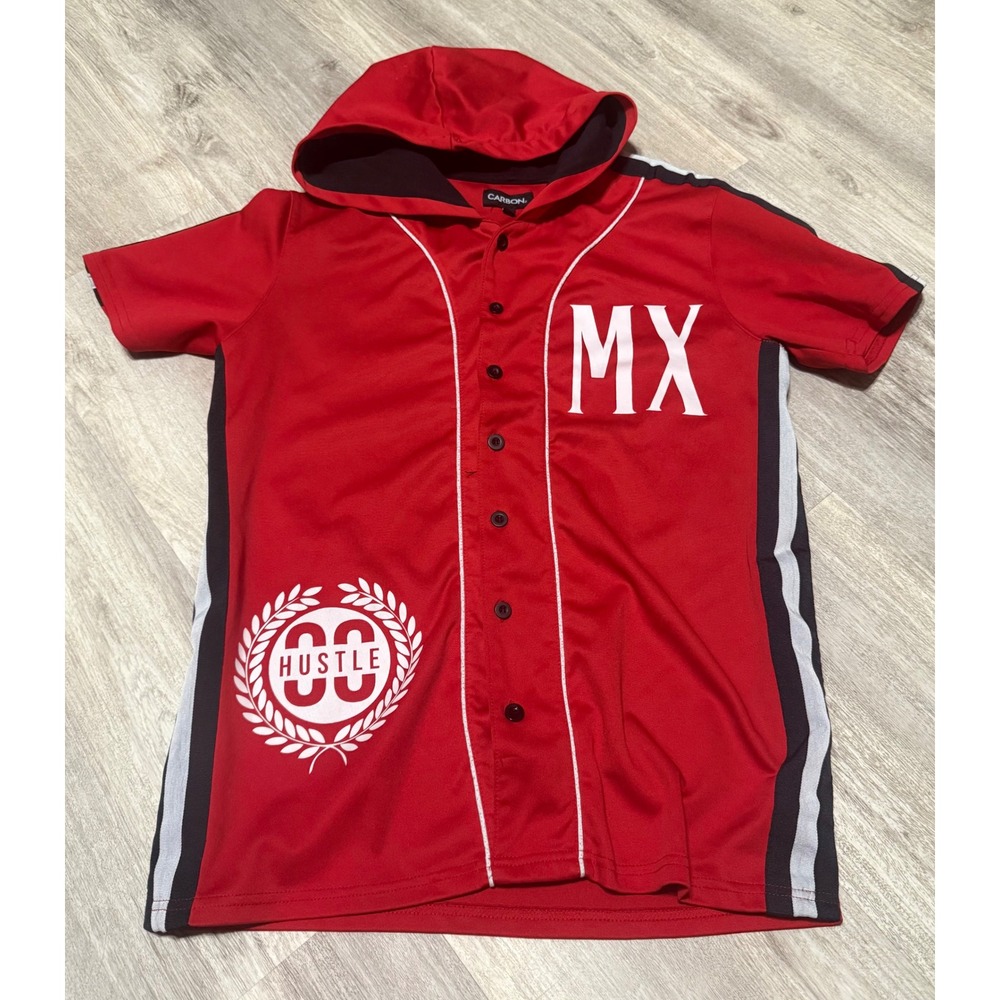 Carbon men's small red‎ jersey style button shirt
